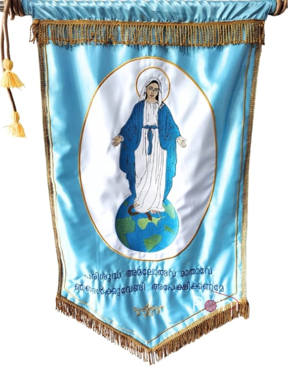 Blue Our Lady of the Immaculate Conception embroidery flag with gold fringe — Needle Point India