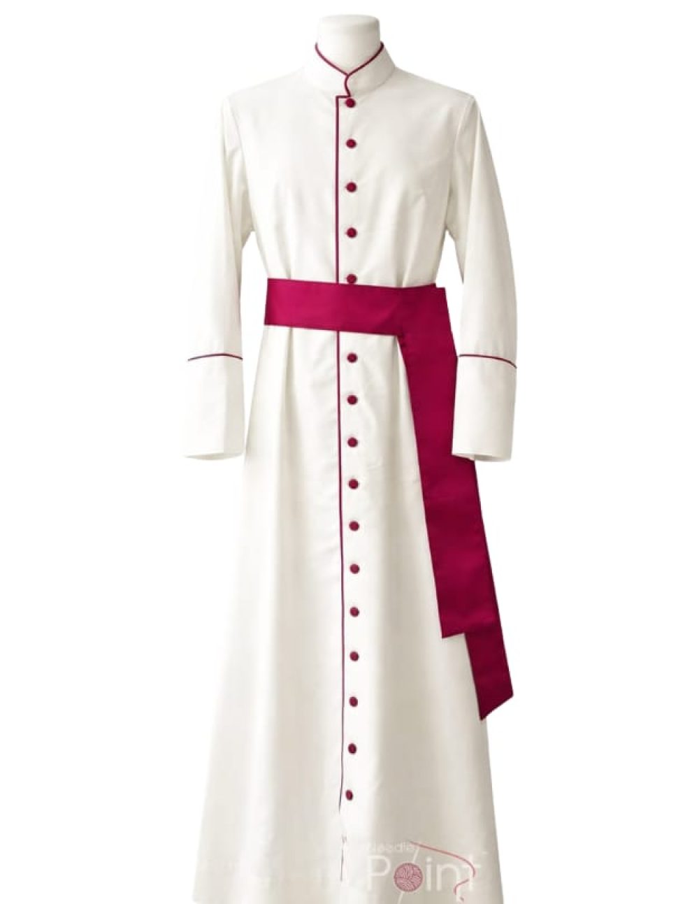 Classic Bishop's Cassock white red embroidery with burgundy sash mannequin view — Needle Point India