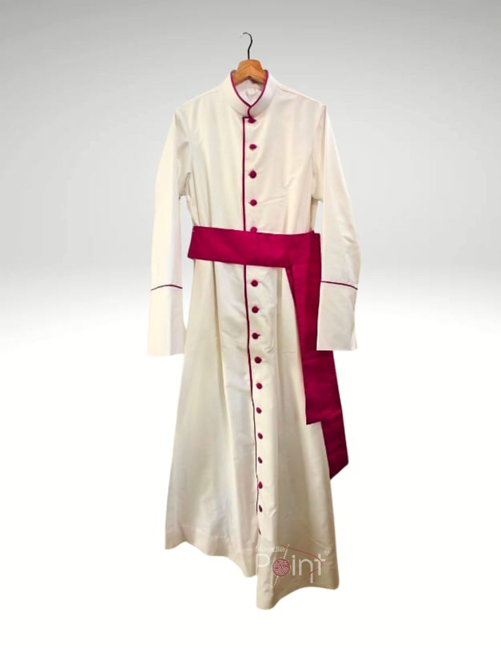 Classic Bishop's Cassock white refined embroidery red buttons sash hanger view — Needle Point India