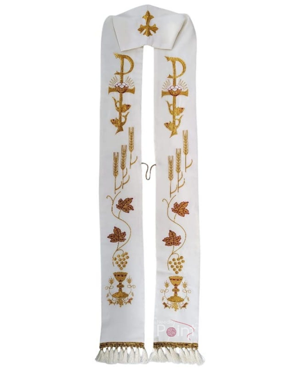 White priest stole with golden Chi Rho and floral embroidery — Needle Point India