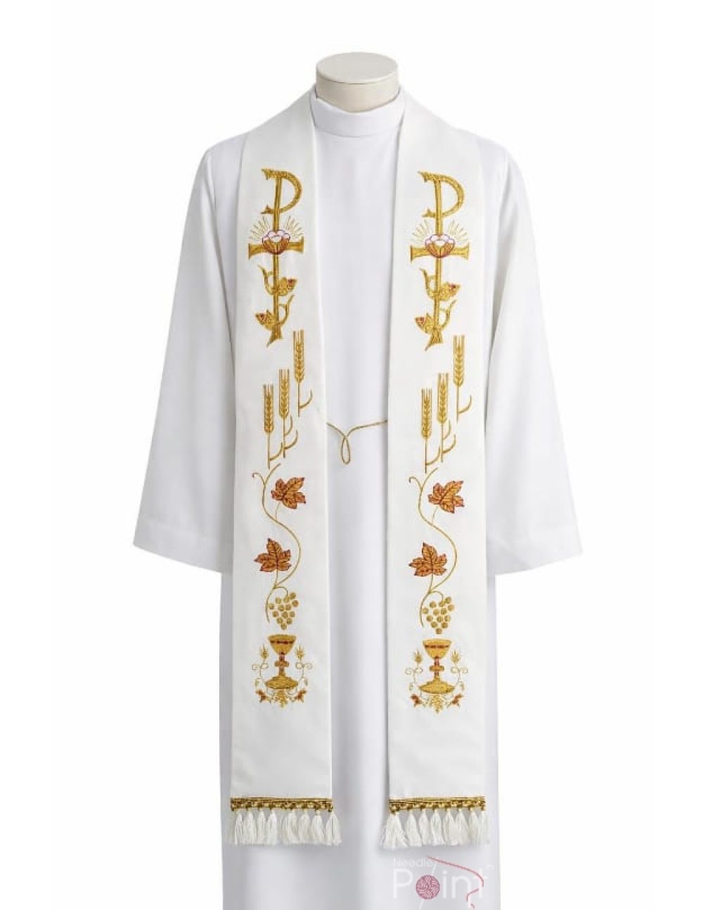 Catholic priest wearing white embroidered stole with Chi Rho symbol — Needle Point