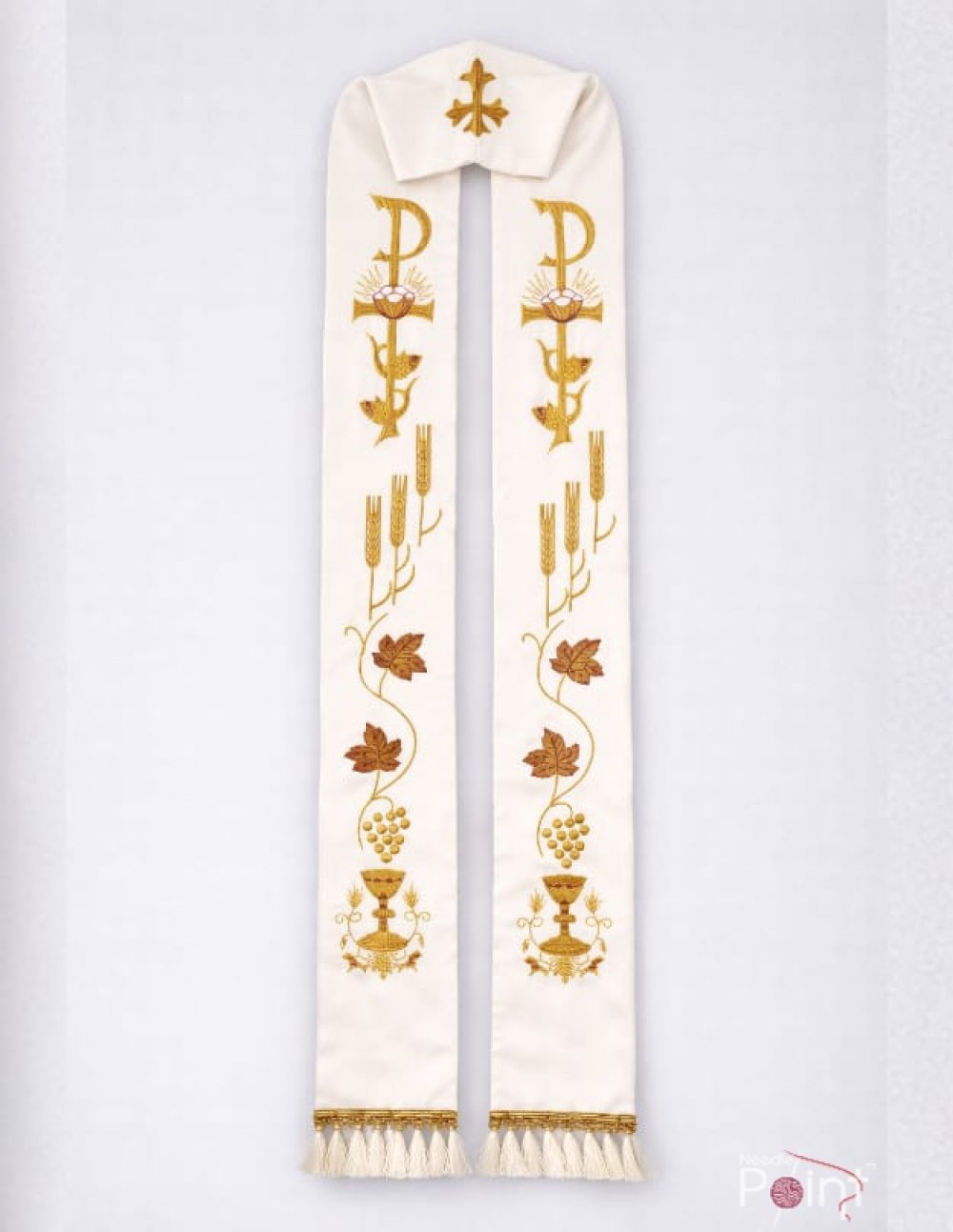 Golden Chi Rho liturgical embroidery detail on white priest stole — Needle Point India