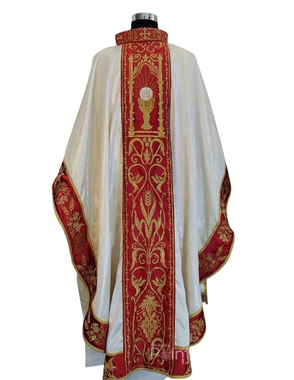 Cream chasuble front view with Eucharistic vine and wheat embroidery Catholic priest vestment Needle Point