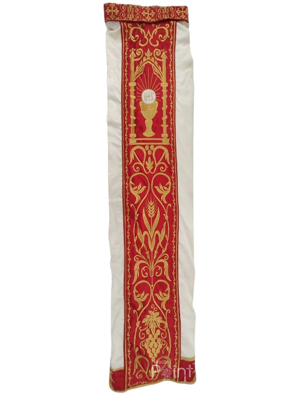 Eucharistic embroidery panel close up with vine and wheat motif on cream chasuble