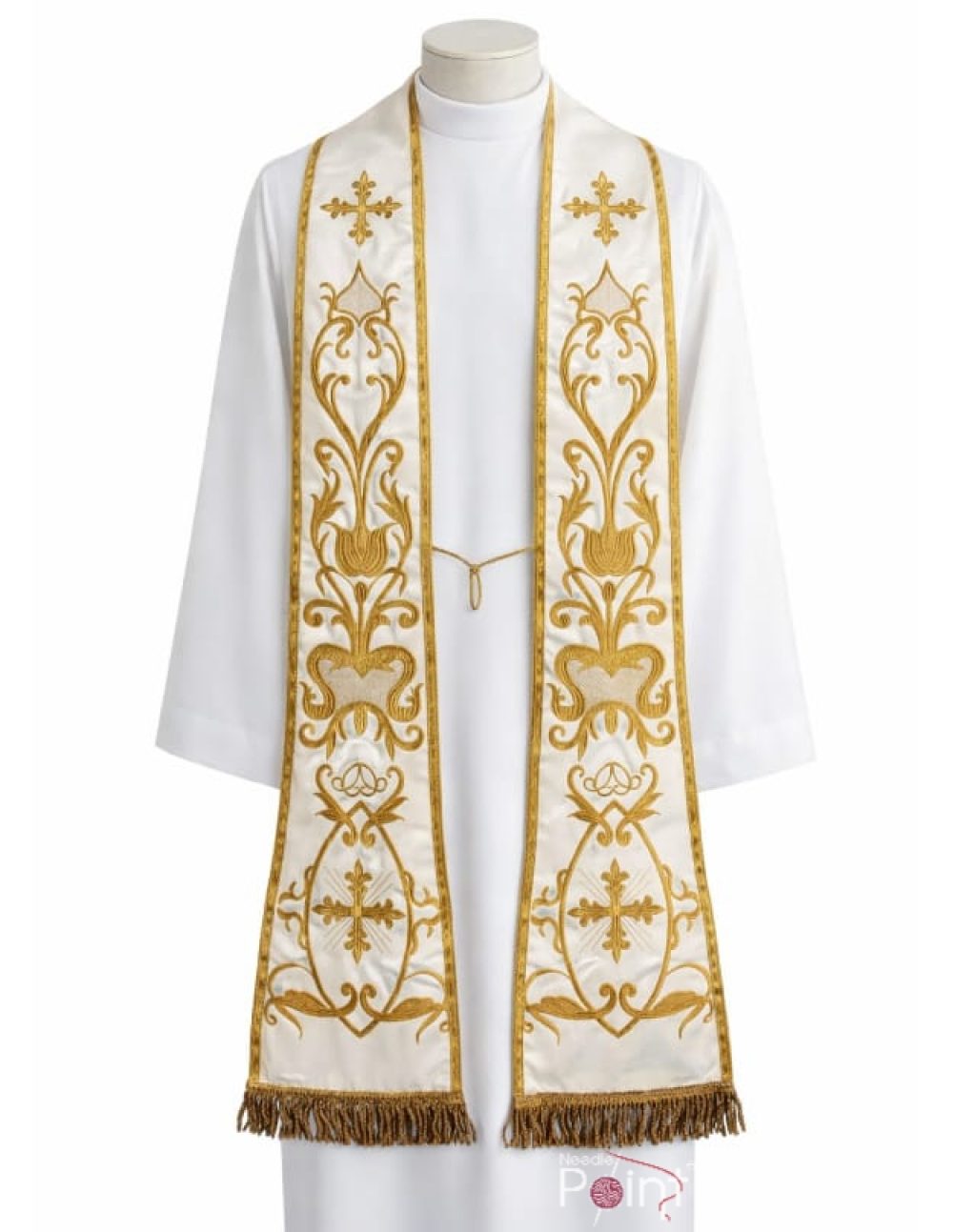 Cream liturgical priest stole with ornate gold baroque embroidery and tassel ends — Needle Point India