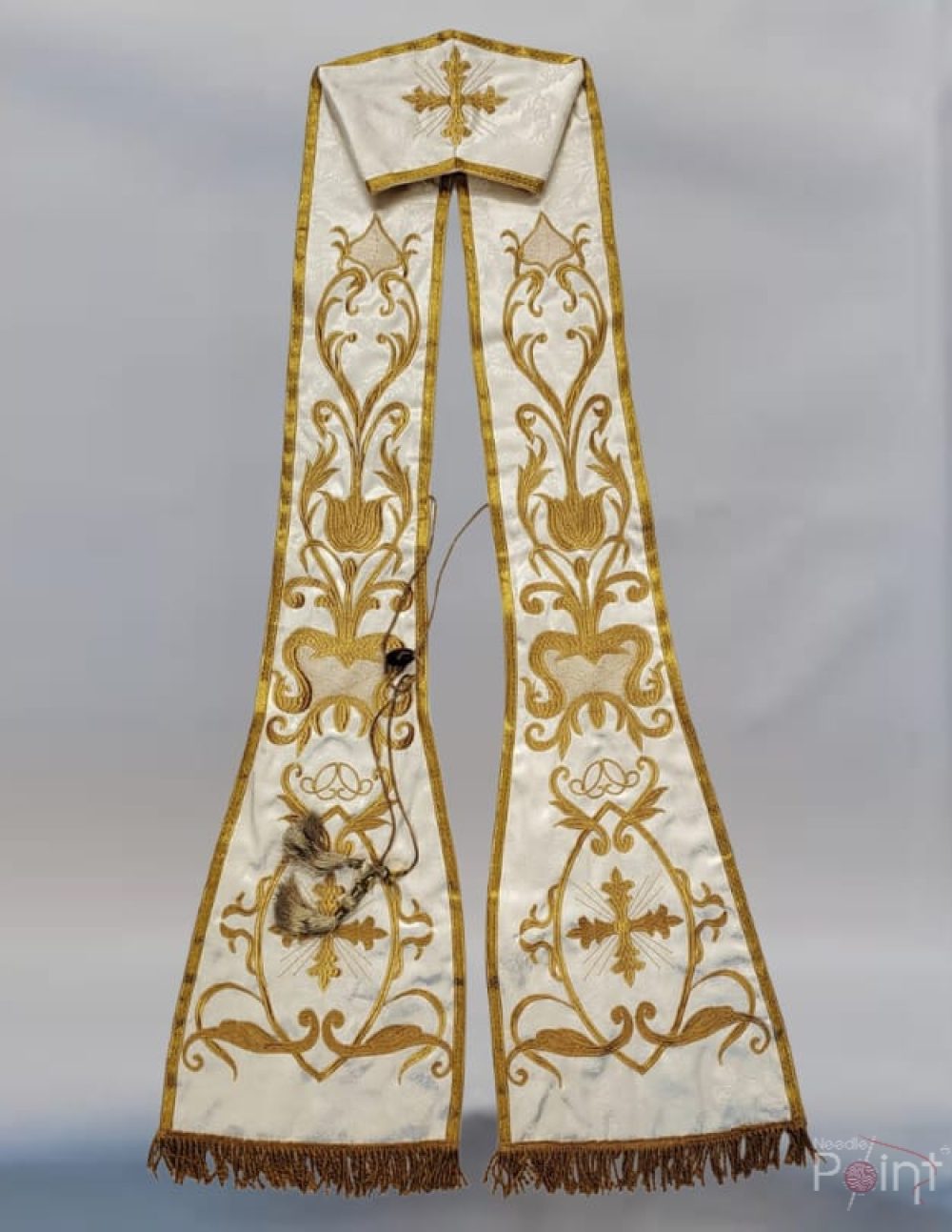 Cream ornate gold embroidery priest stole both panels full baroque design — Needle Point India