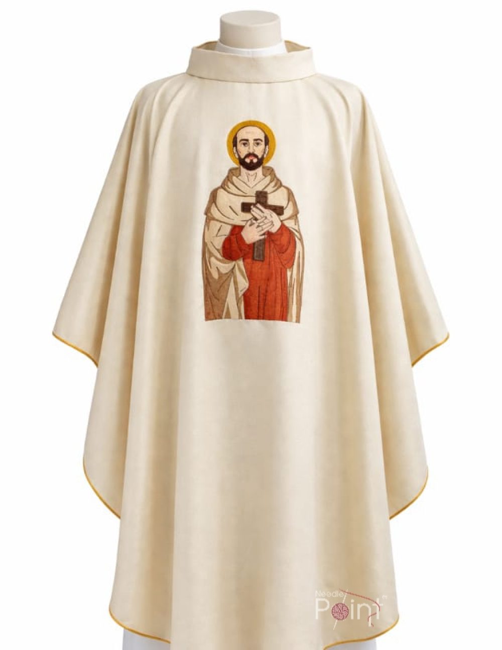 Cream chasuble with St John of the Cross embroidery front view Catholic priest vestment Needle Point