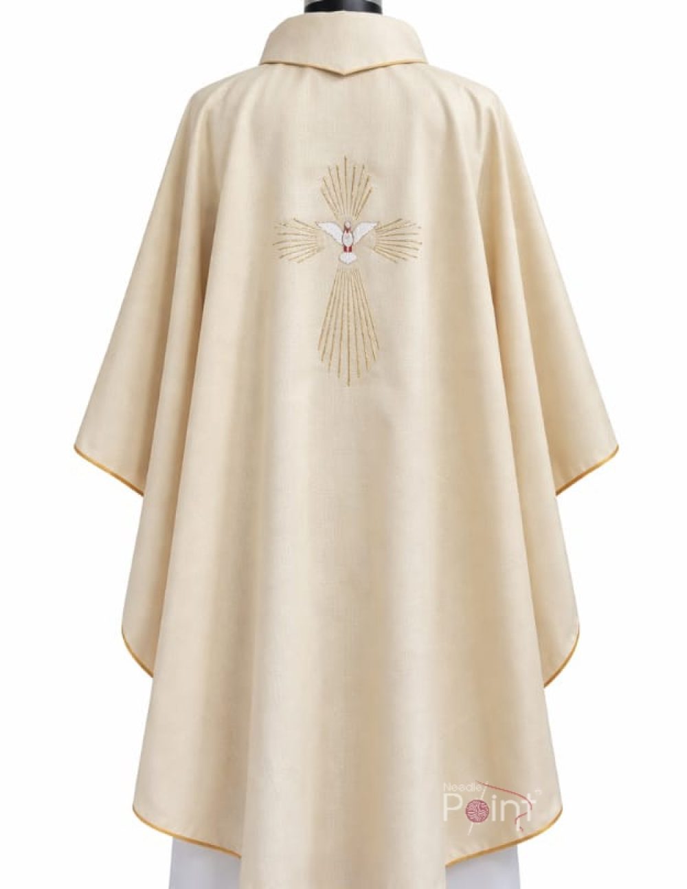 Cream chasuble back view with Holy Spirit dove and cross embroidery Catholic priest vestment Needle Point