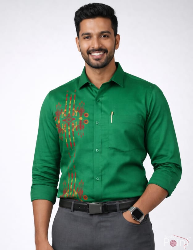 Men’s Green Cotton Shirt Featuring Decorative Motif Embroidery