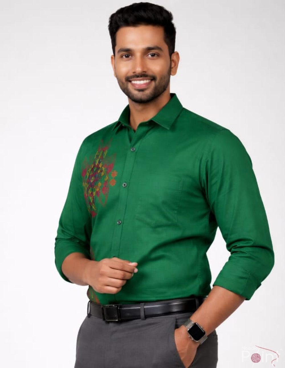 Men’s Green Cotton Shirt Featuring Decorative Motif Embroidery (2)