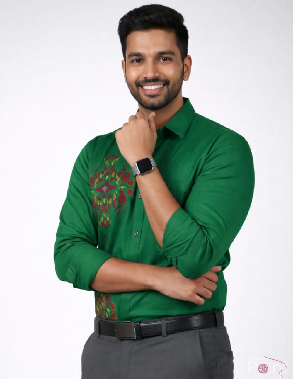 Men’s Green Cotton Shirt Featuring Decorative Motif Embroidery (3)