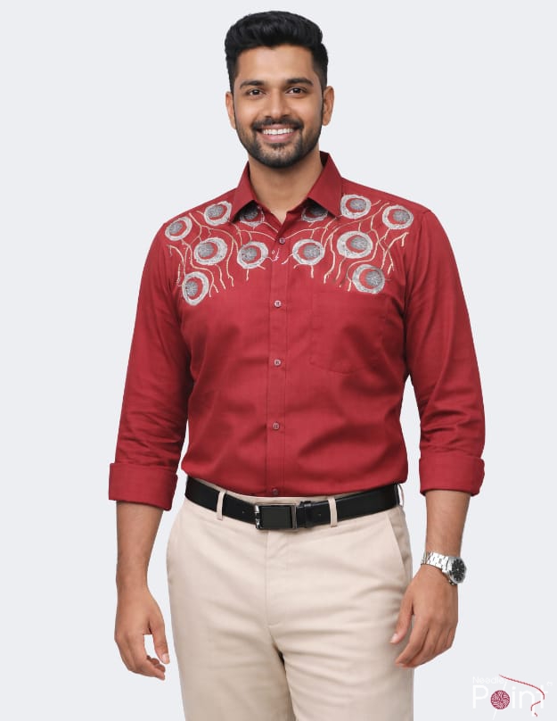 Men’s Maroon Cotton Shirt with Decorative Yoke Embroidery