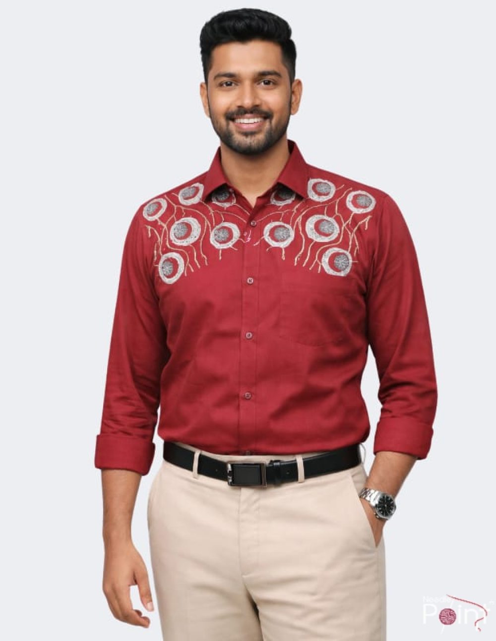 Men’s Maroon Cotton Shirt with Decorative Yoke Embroidery (1)