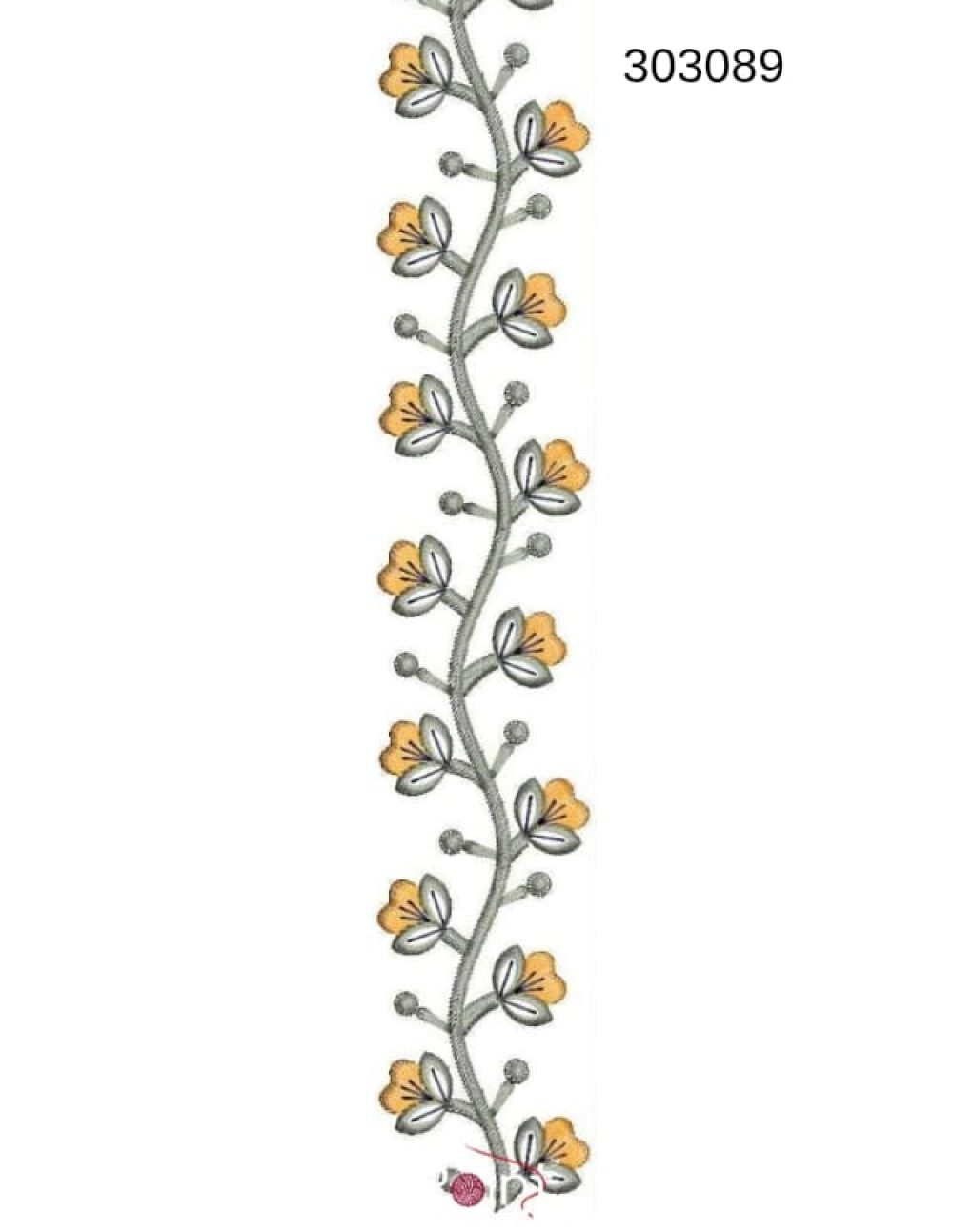 Floral border embroidery design 303089 gold bloom silver grey leaf climbing vine — Needle Point India
