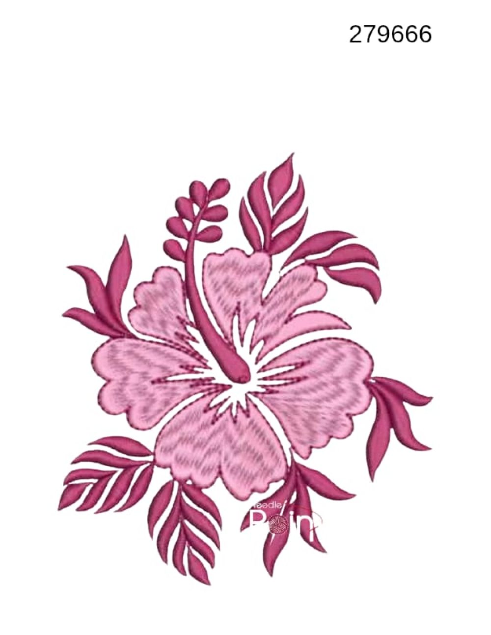 Floral small embroidery design 279666 magenta hibiscus blush pink bloom tropical leaves — Needle Point India