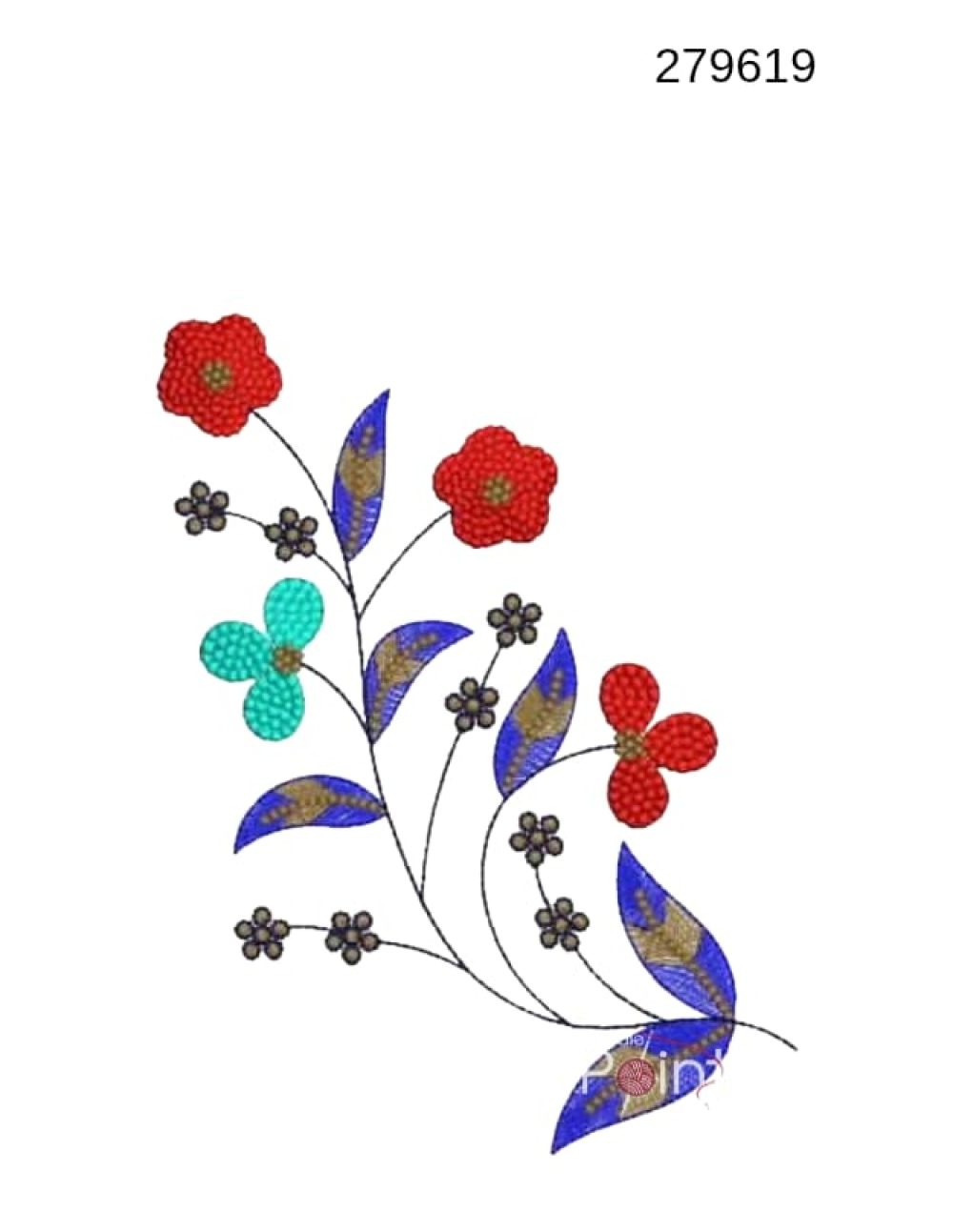 Floral small embroidery design 279619 red poppy teal bloom navy leaf wild spray — Needle Point India