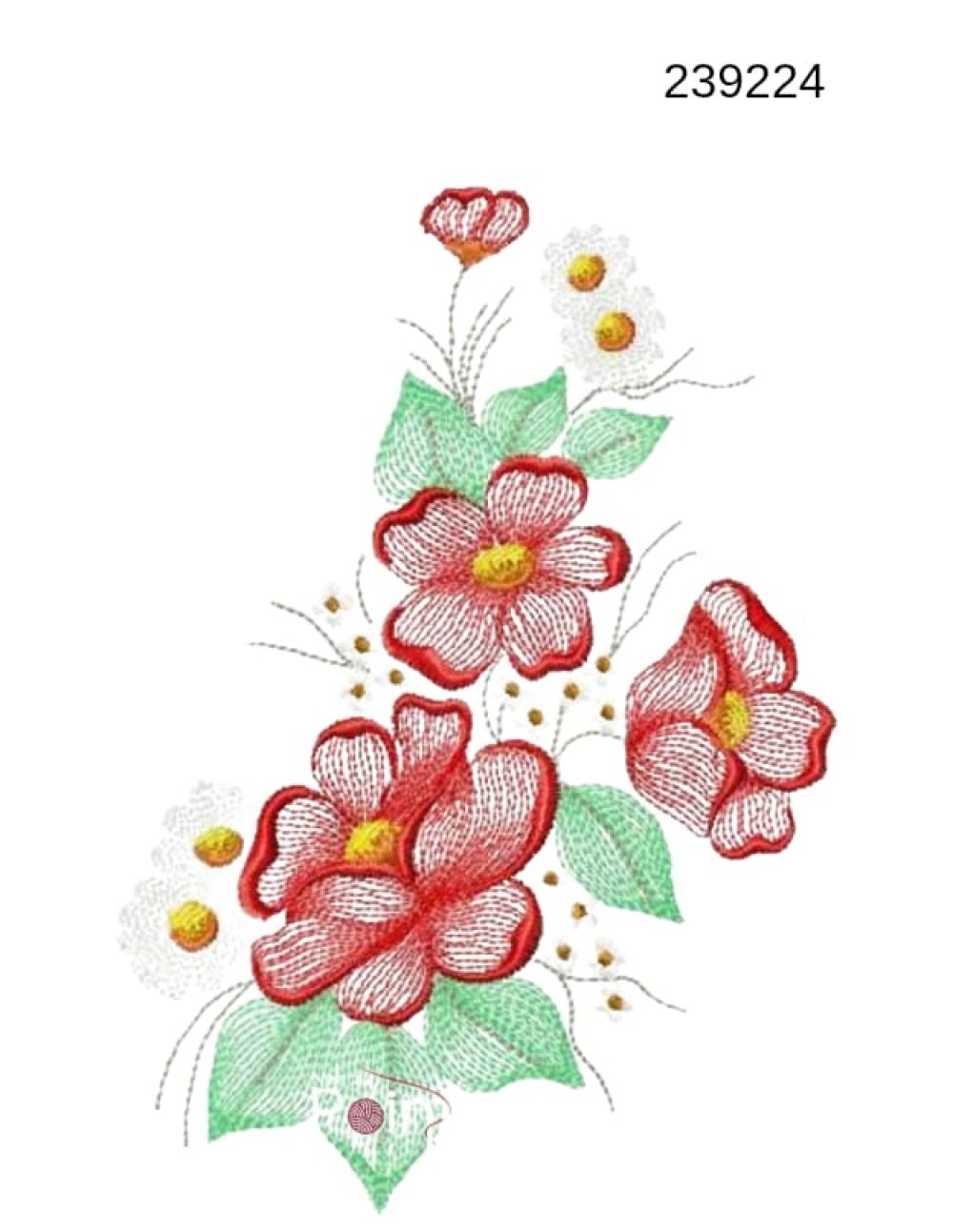 Floral small embroidery design 239224 red bloom white daisy gold dot green leaf cluster — Needle Point India