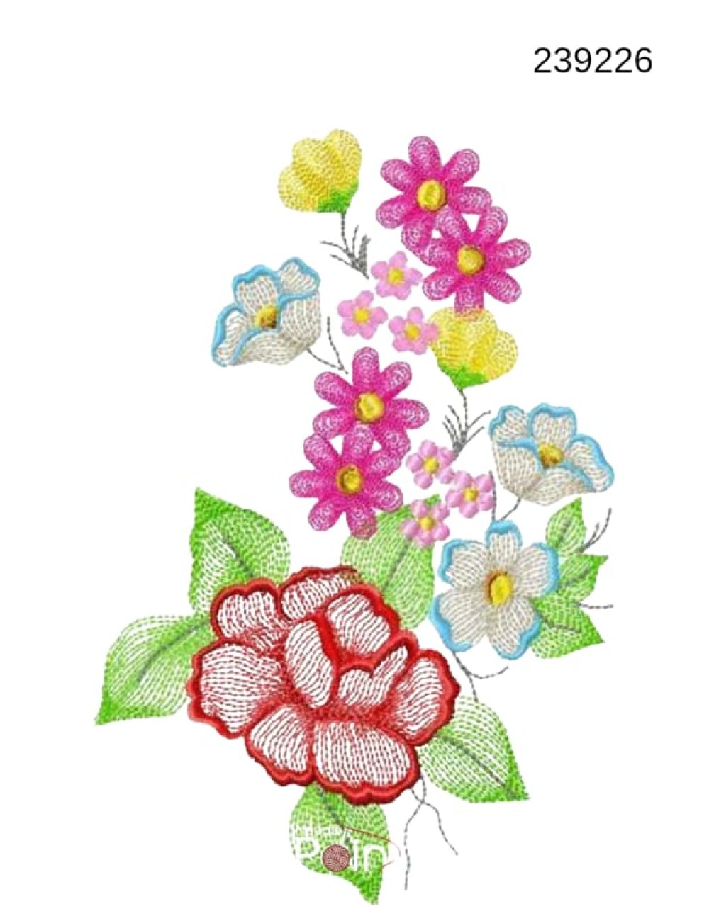 Floral small embroidery design 239226 pink daisy blue bloom yellow bud red peony bouquet — Needle Point India