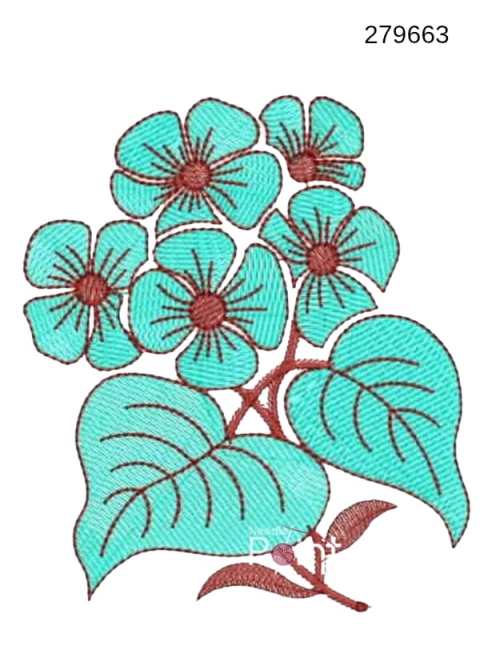 Floral small embroidery design 279663 teal bloom burgundy centre cluster rounded leaves — Needle Point India