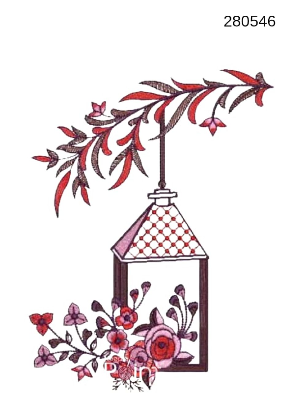 Floral small embroidery design 280546 burgundy lantern arch branch feather leaf — Needle Point India