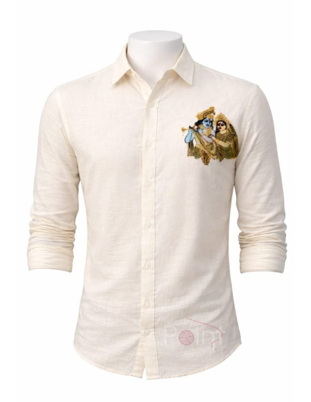 Off-White Traditional Radha Krishna Embroidery Shirt