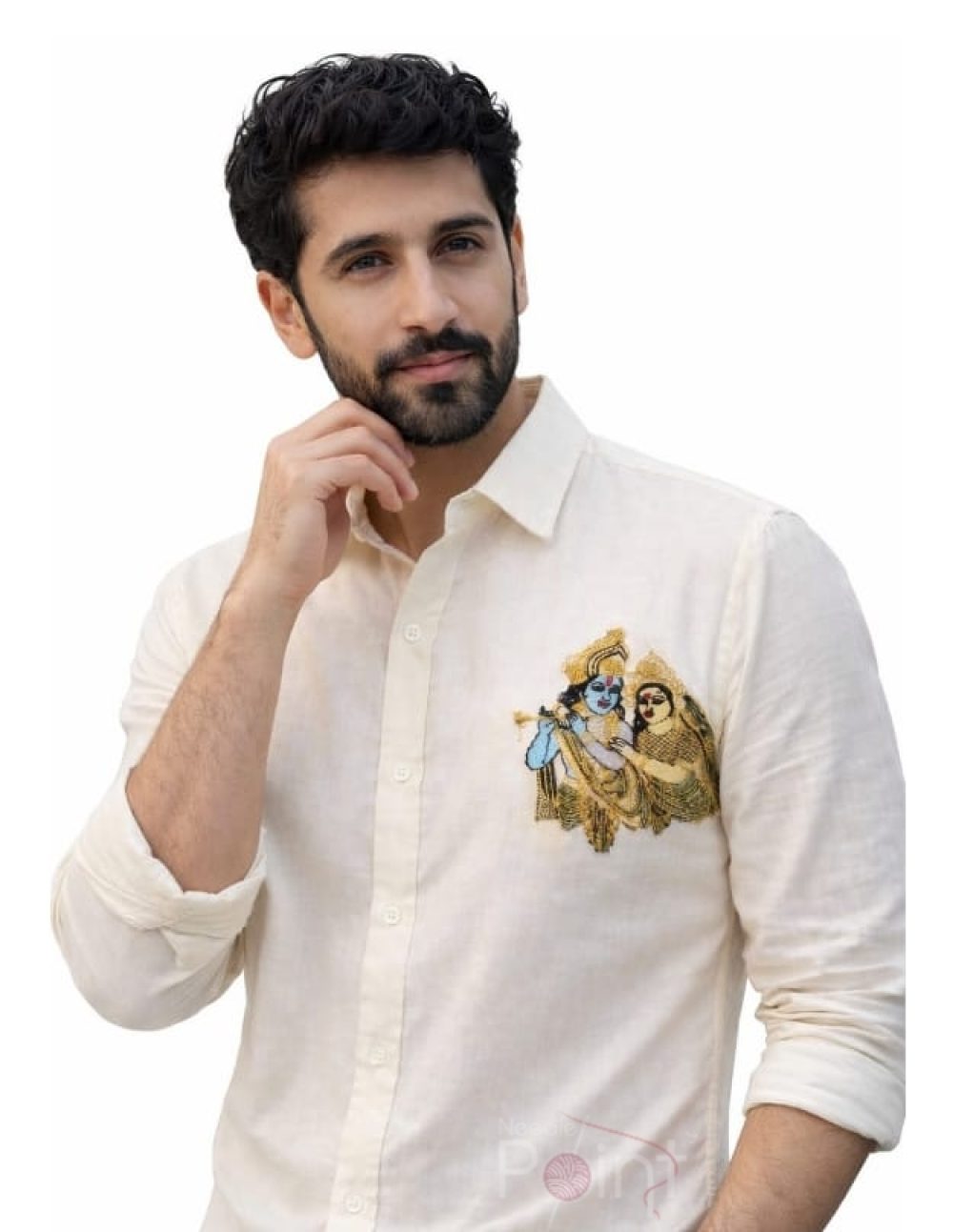 Off-White Traditional Radha Krishna Embroidery Shirt (2)