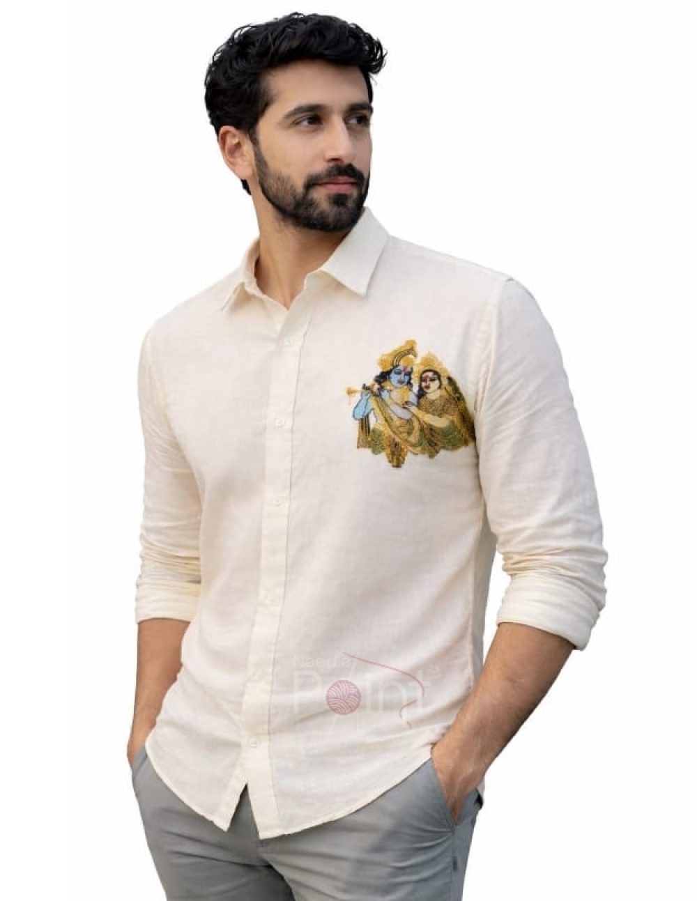 Off-White Traditional Radha Krishna Embroidery Shirt (3)