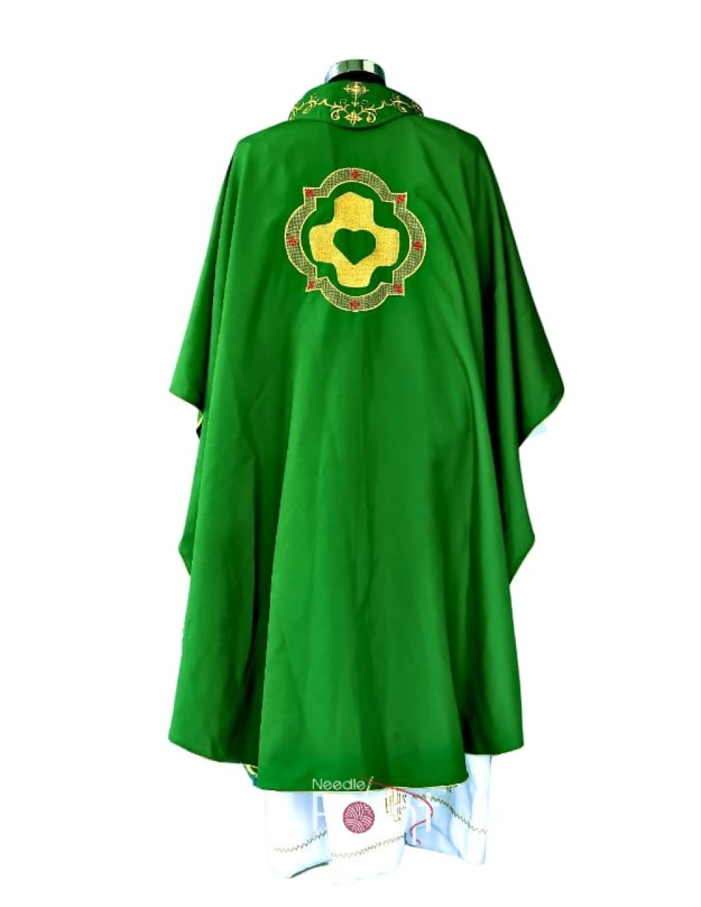 Back view of green liturgical chasuble – machine-embroidered church vestment for clergy – Needle Point India