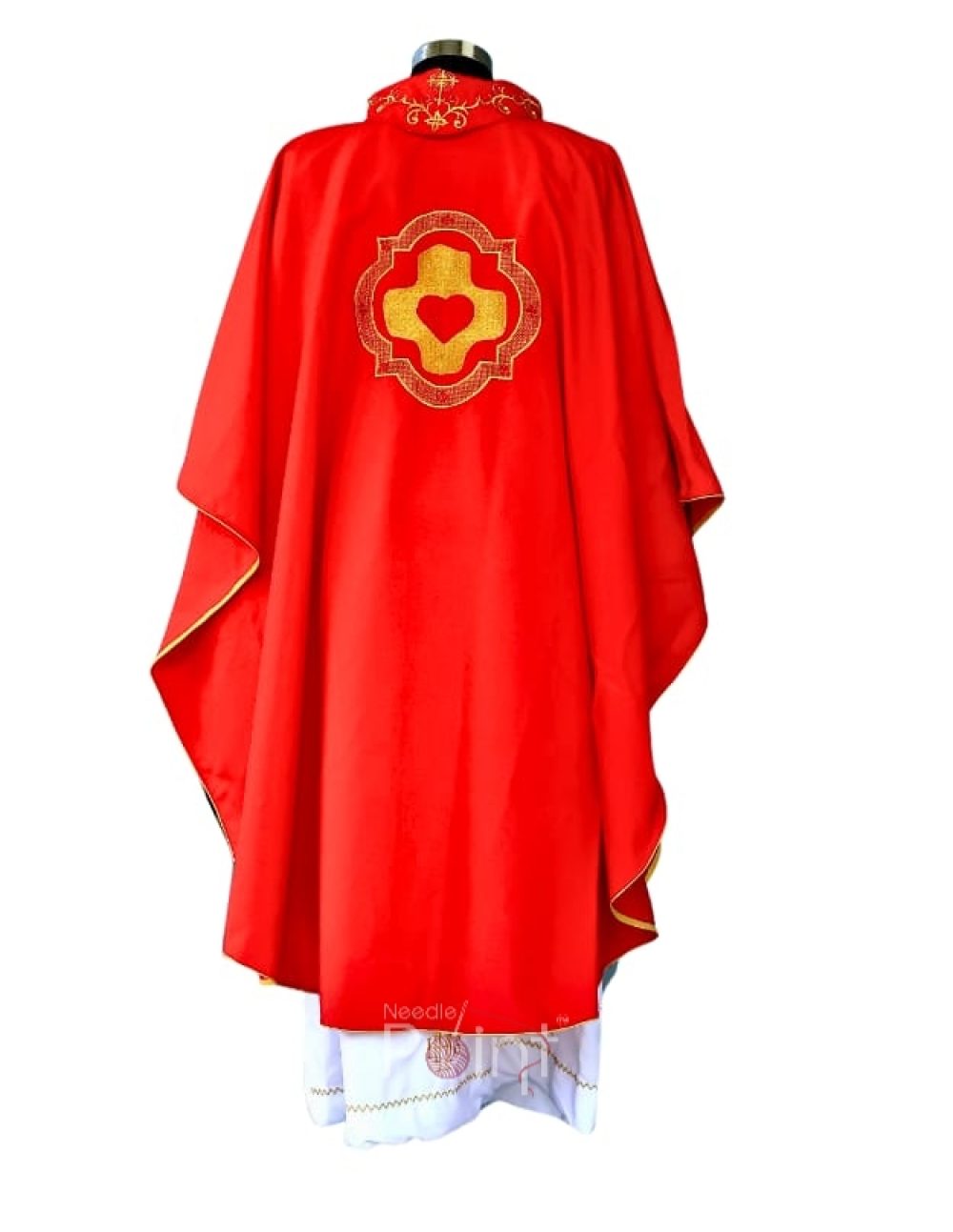 Red chasuble back view – bold liturgical vestment with machine embroidery – clergy vestment India – Needle Point