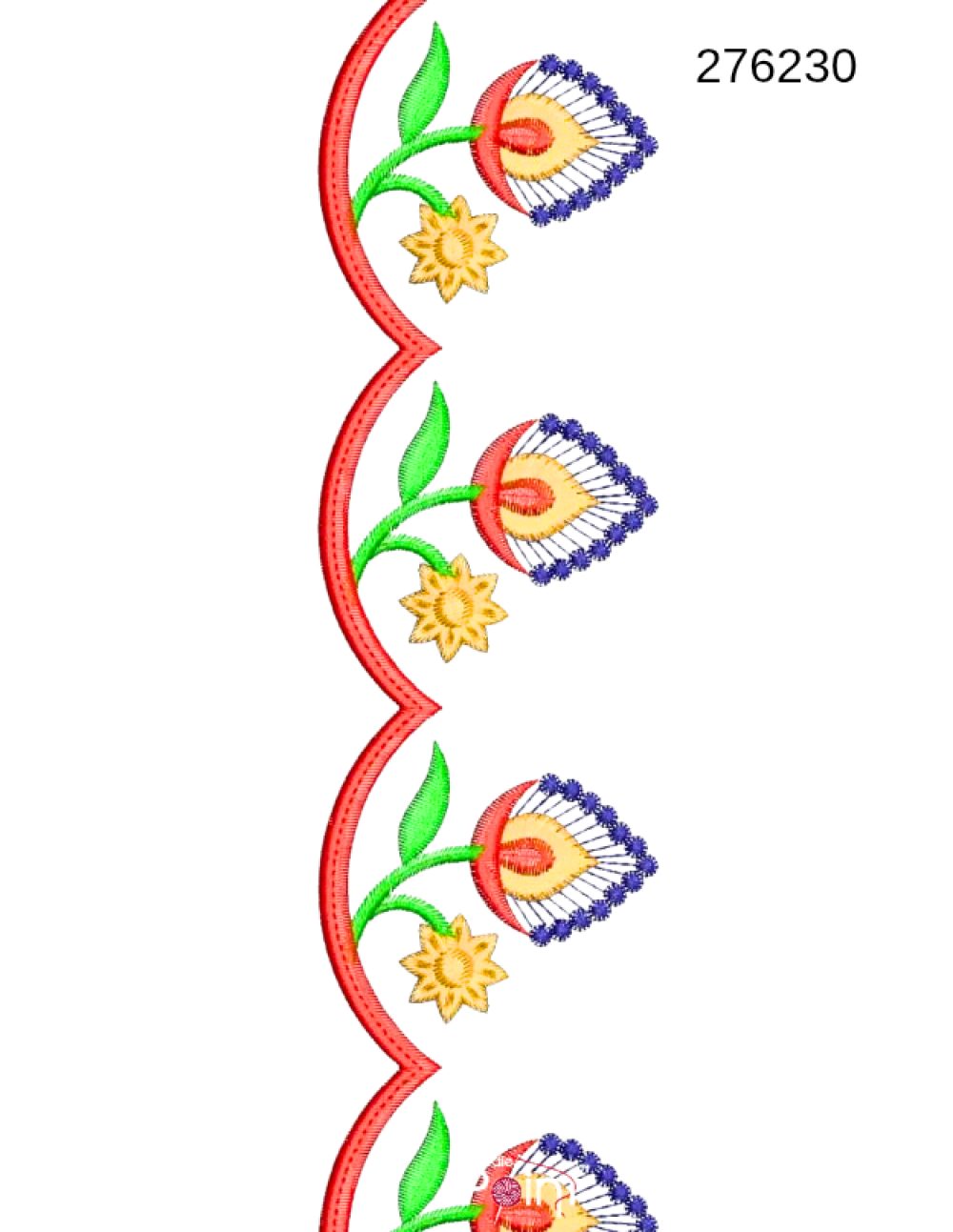 Floral scallop border embroidery design 276230 red vine green leaf multicolor blooms — Needle Point India
