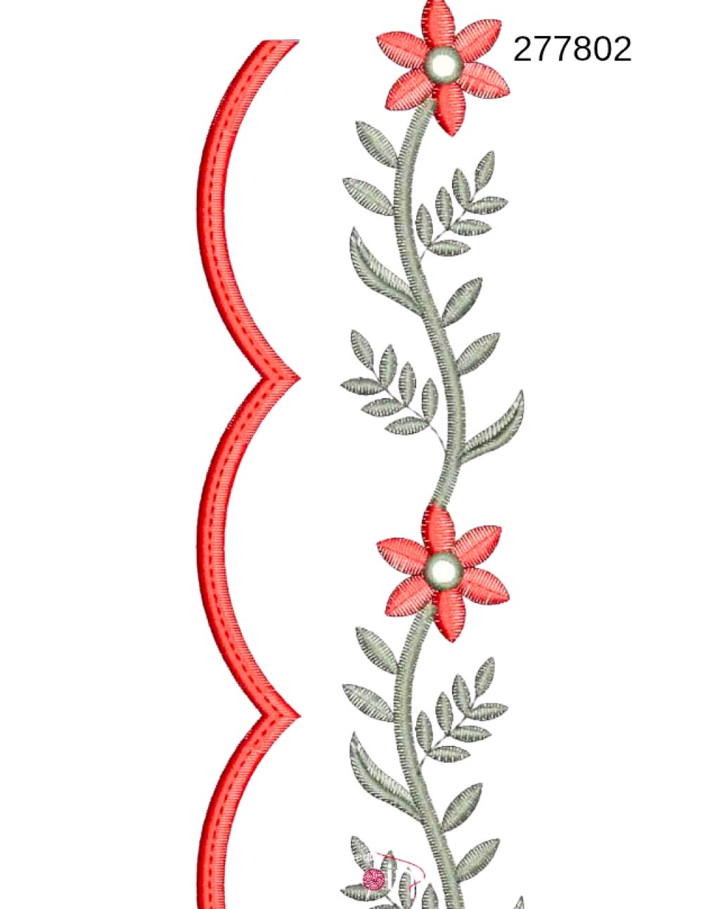 Floral scallop border embroidery design 277802 coral bloom sage feather leaf red scallop — Needle Point India