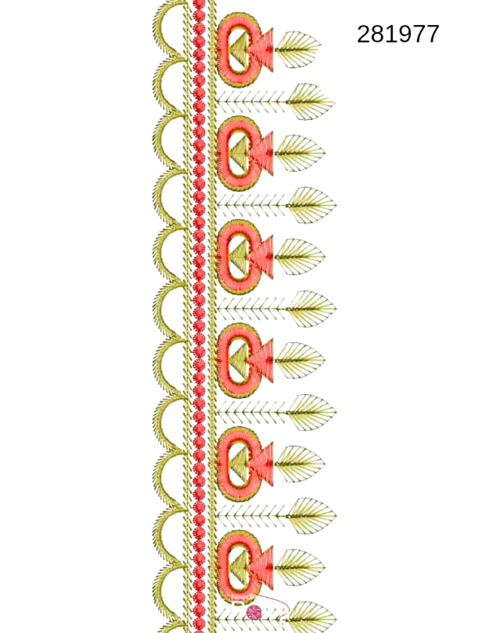 Floral scallop border embroidery design 281977 coral bloom olive feather leaf red scallop spine — Needle Point India