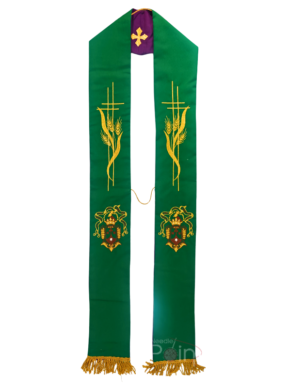 Golden Cross & Wheat Green Embroidery Stole For Priest