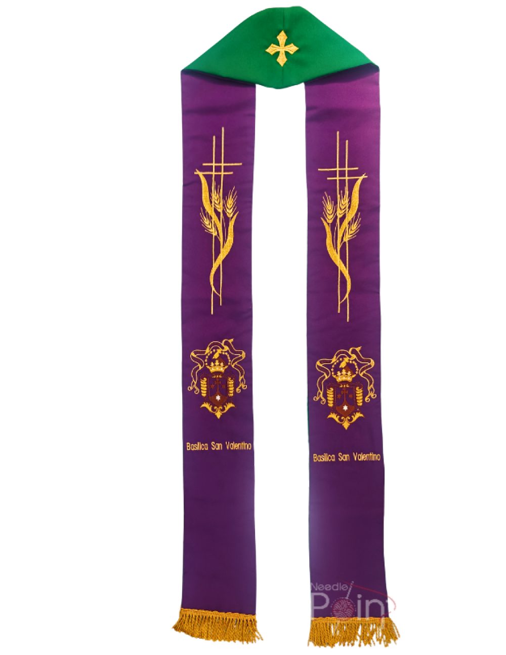 Purple priest stole with golden cross wheat embroidery and green accent — Needle Point India