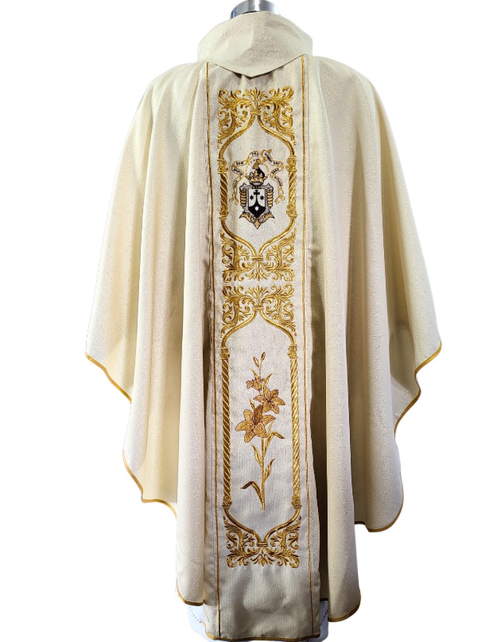 Back view of golden chasuble with gold orphrey panel – clergy vestment for feast days – Needle Point