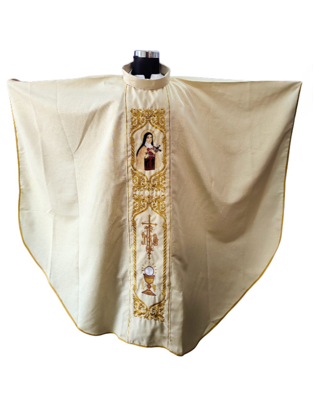 Front spread view of golden chasuble with saint motif and Eucharistic embroidery – Needle Point India