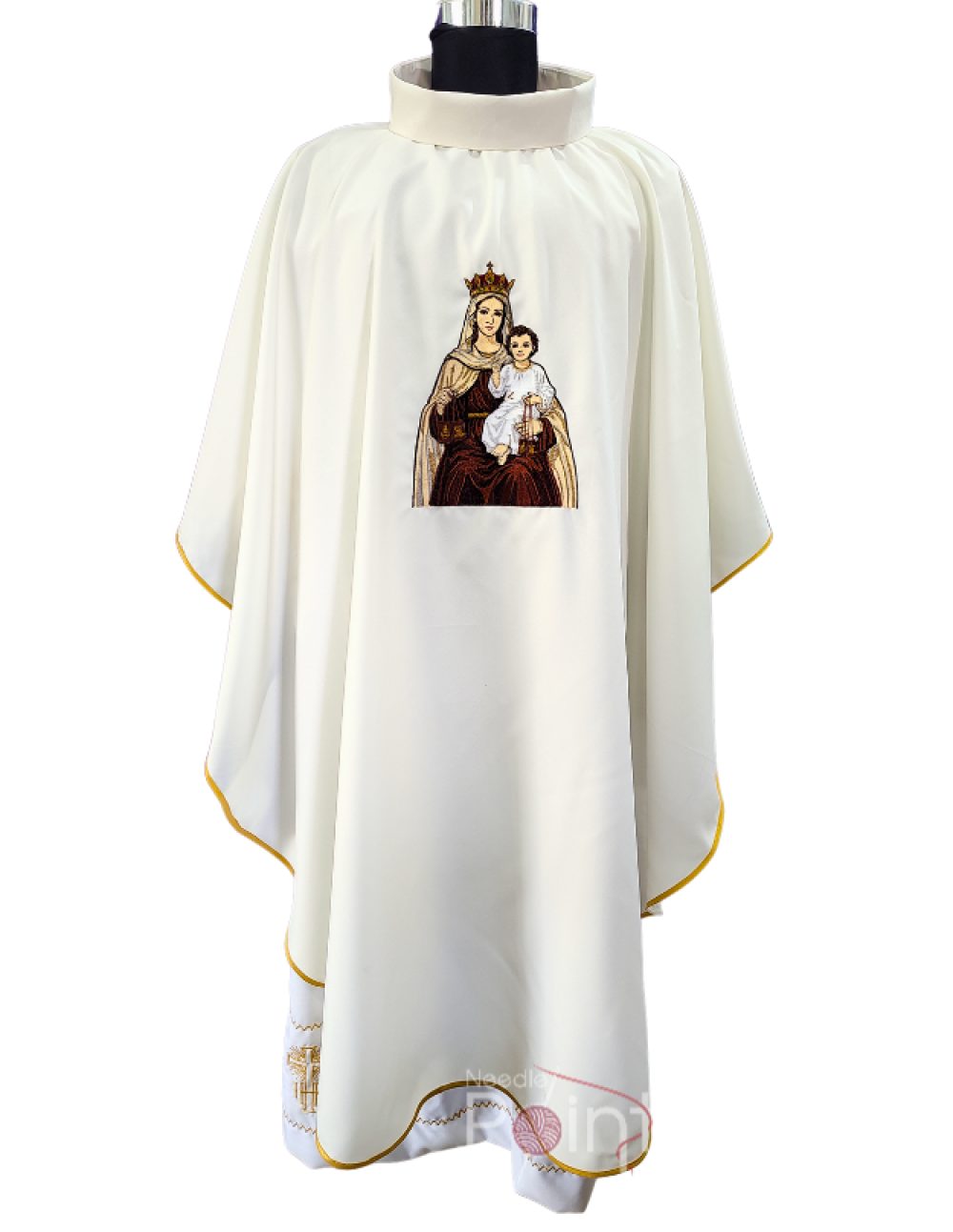 Off-white chasuble with Our Lady of Mount Carmel embroidery – Catholic Marian vestment India – Needle Point