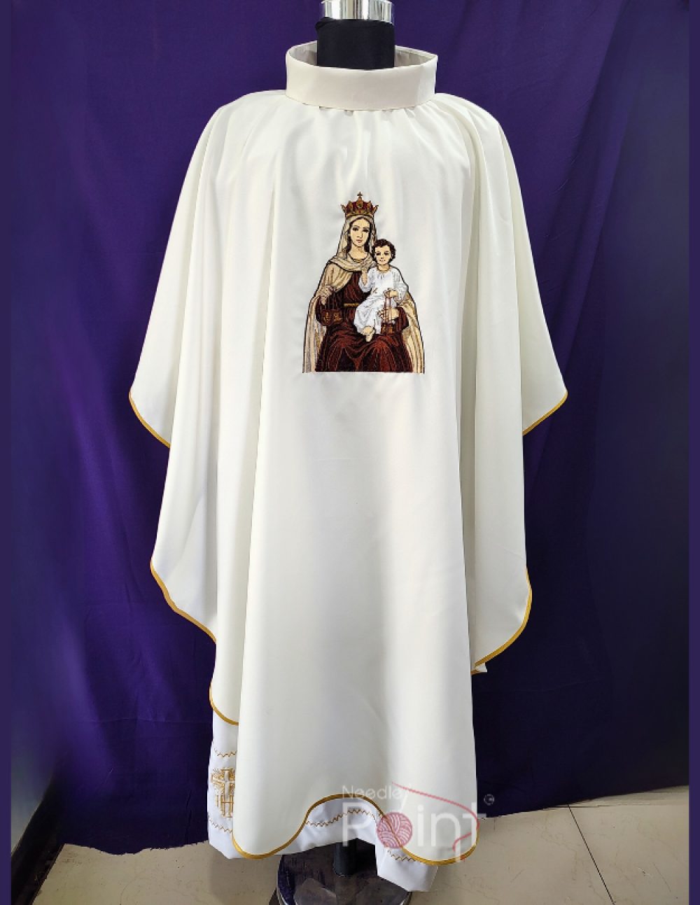 Front view of Our Lady of Mount Carmel chasuble with Carmelite embroidery – clergy vestment – Needle Point India