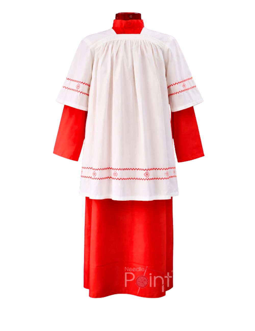 Church altar boys liturgical dress white surplice red cassock embroidery purple background — Needle Point India