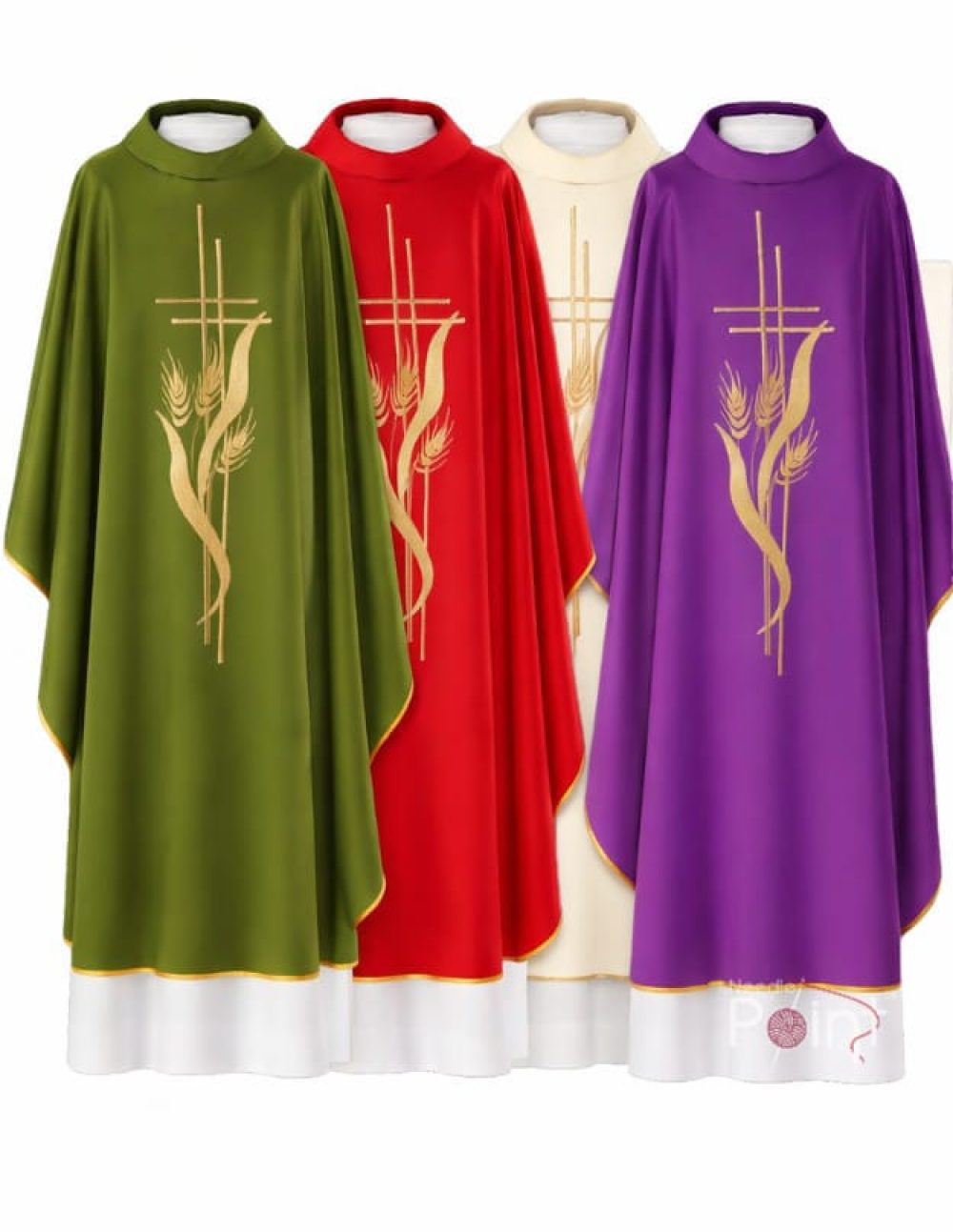 Catholic chasuble vestments in green red  purple and cream with gold embroidery
