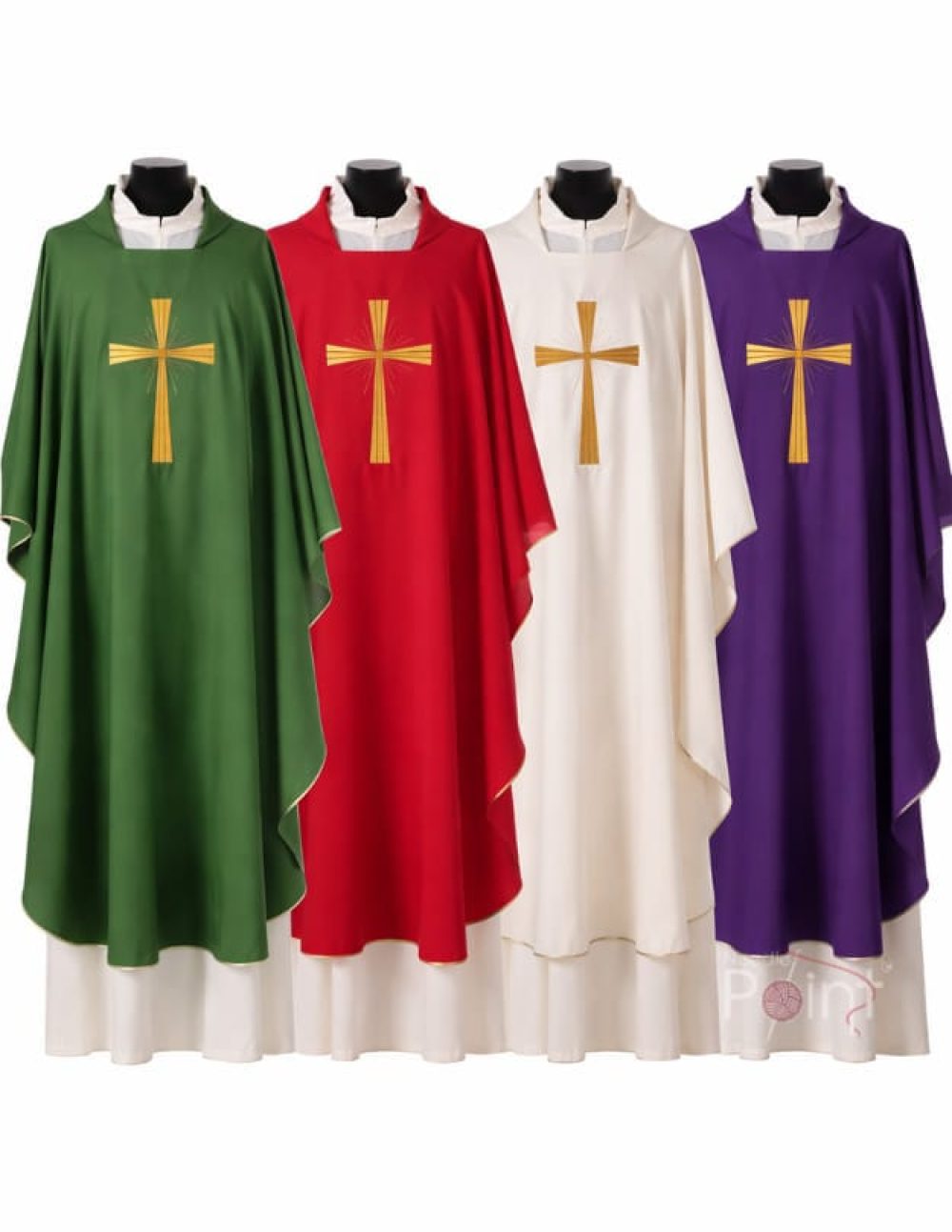 Front viewof Catholic chasubles in  green red cream and purple with gold cross embroidery