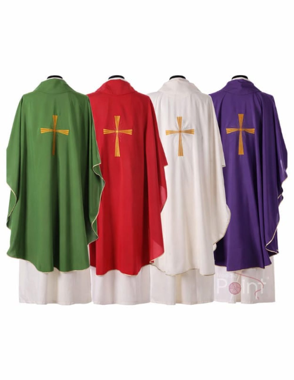 Back view of Catholic chasubles in green red cream and purple with gold cross embroidery