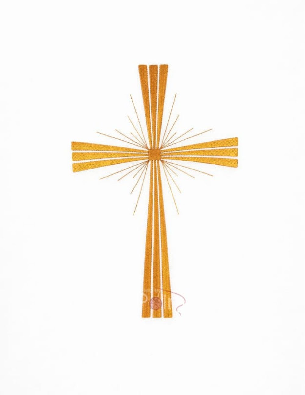 Radiant gold cross embroidery design on chasuble detailed close up