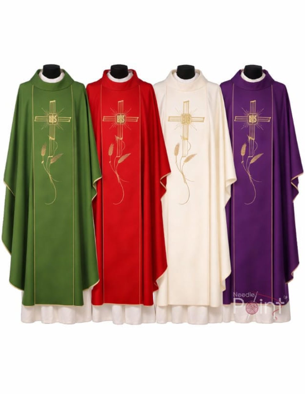 Catholic chasubles in green red cream and purple with cross rays and IHS embroidery front view