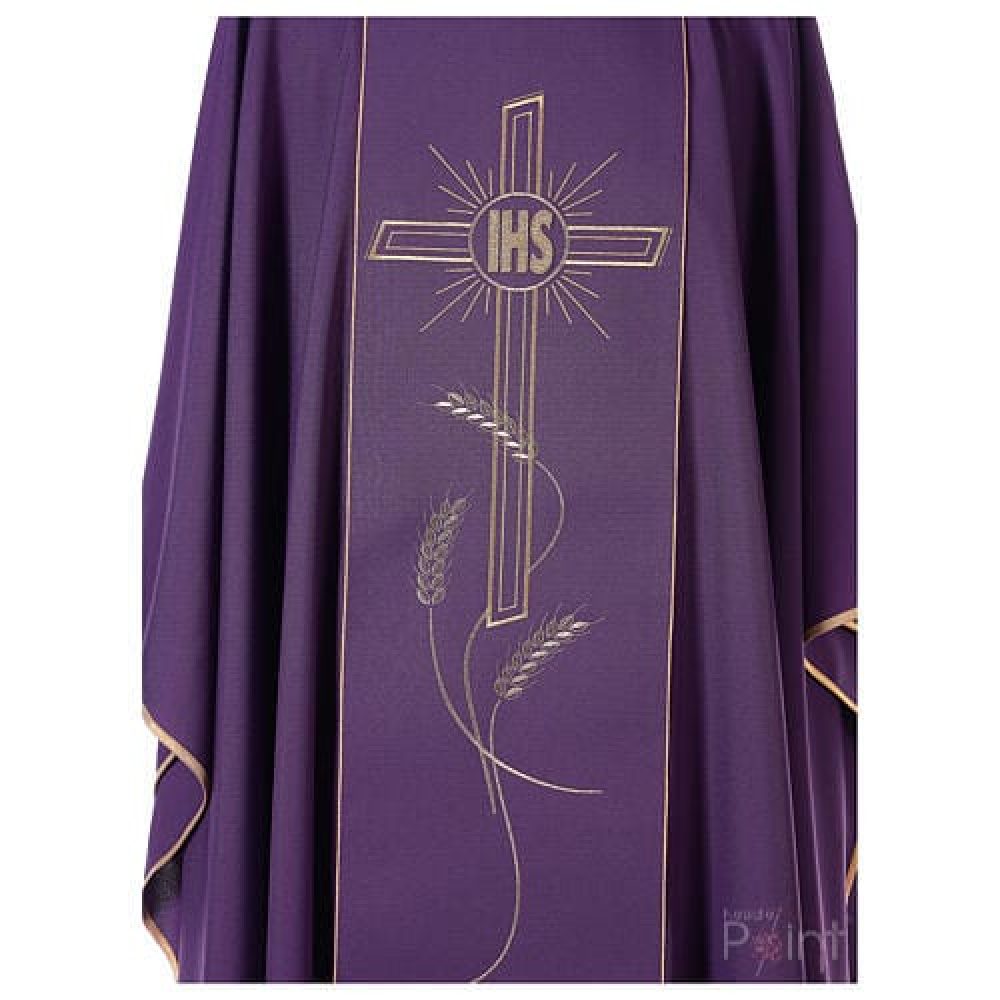 Purple chasuble cross rays and IHS gold embroidery close up detail priest vestment