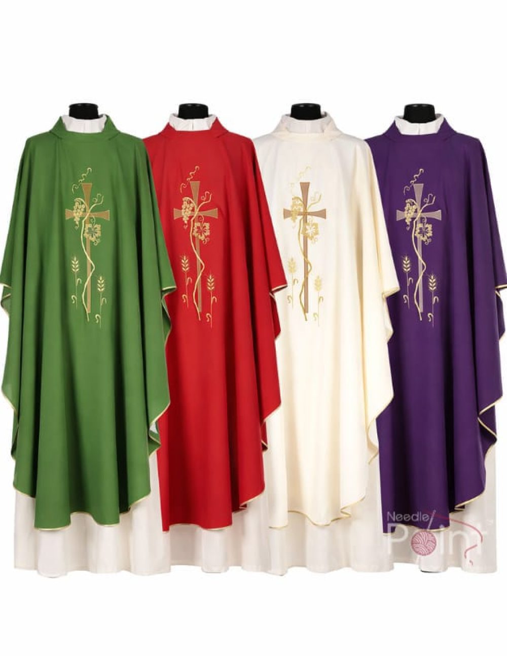 Liturgical chasubles in green red cream and purple with gold cross embroidery church vestments