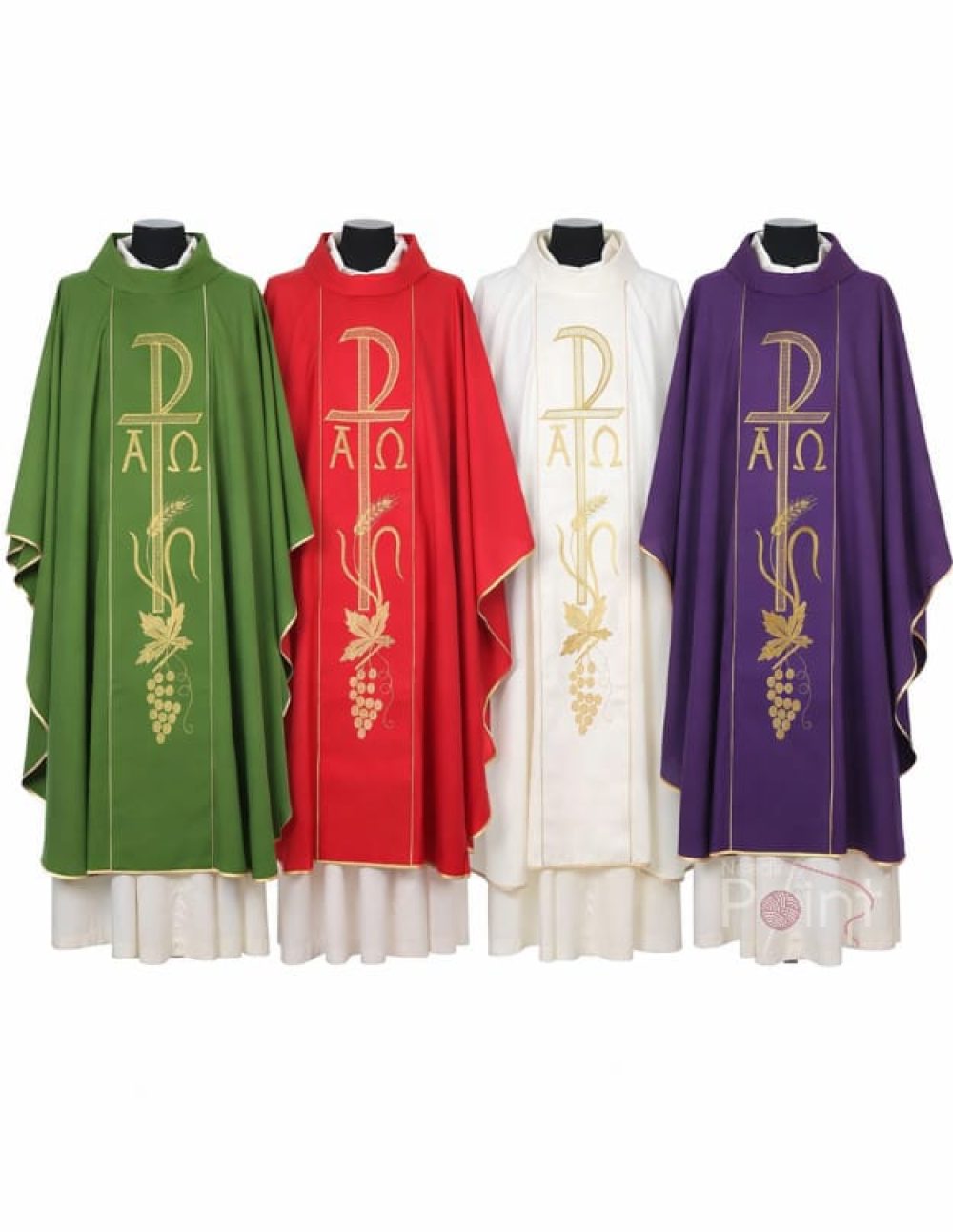 Front view liturgical chasubles in green red white and purple with Alpha Omega gold embroidery Catholic vestments