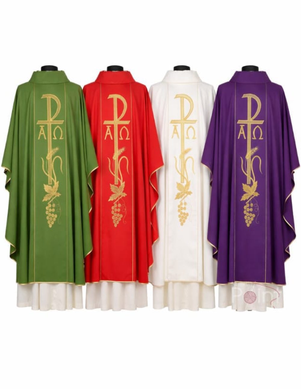 Back view liturgical chasubles in green red white and purple with Alpha Omega gold embroidery Catholic vestments