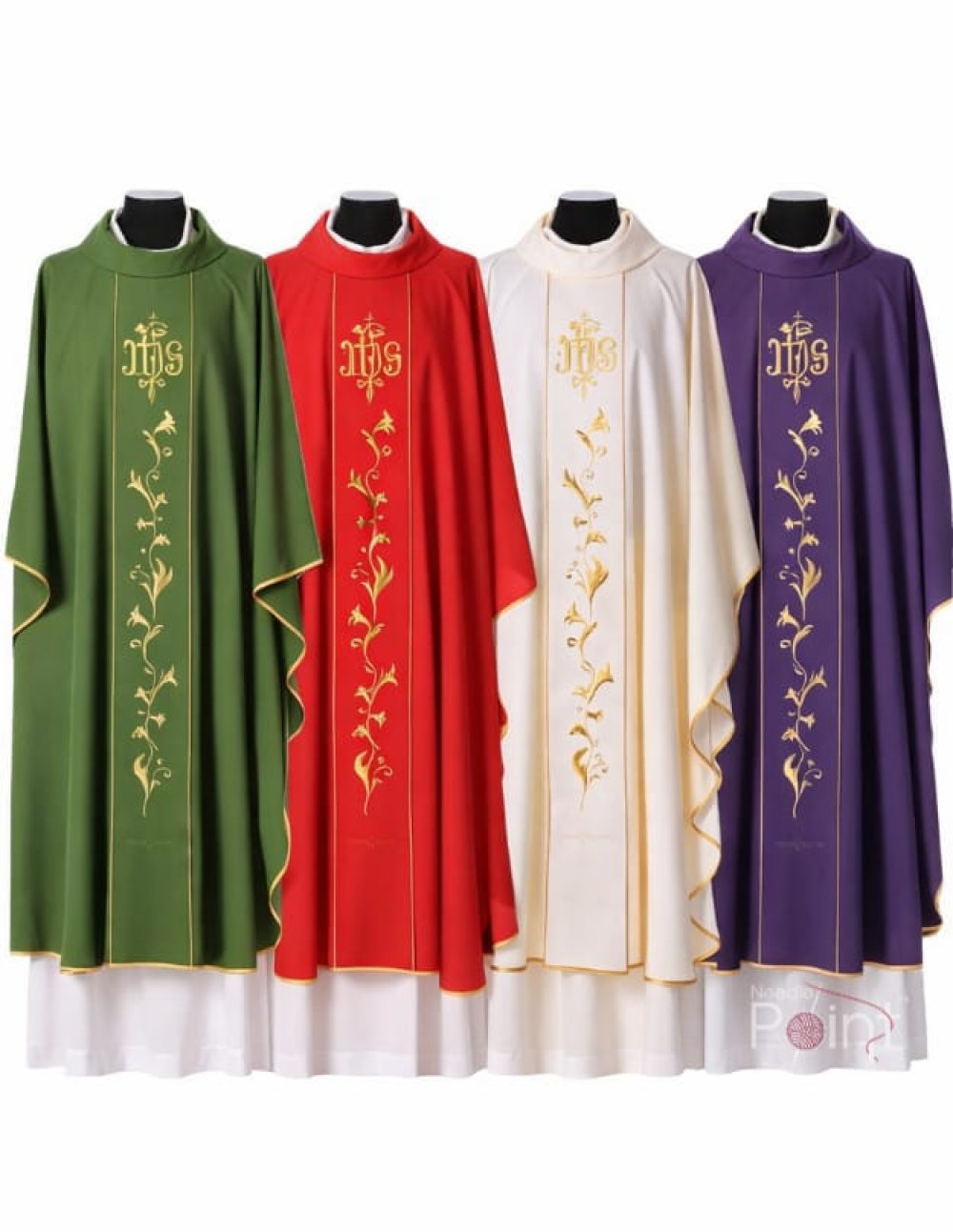 Chasuble with IHS golden embroidery in green red cream and purple Catholic vestments Needle Point India
