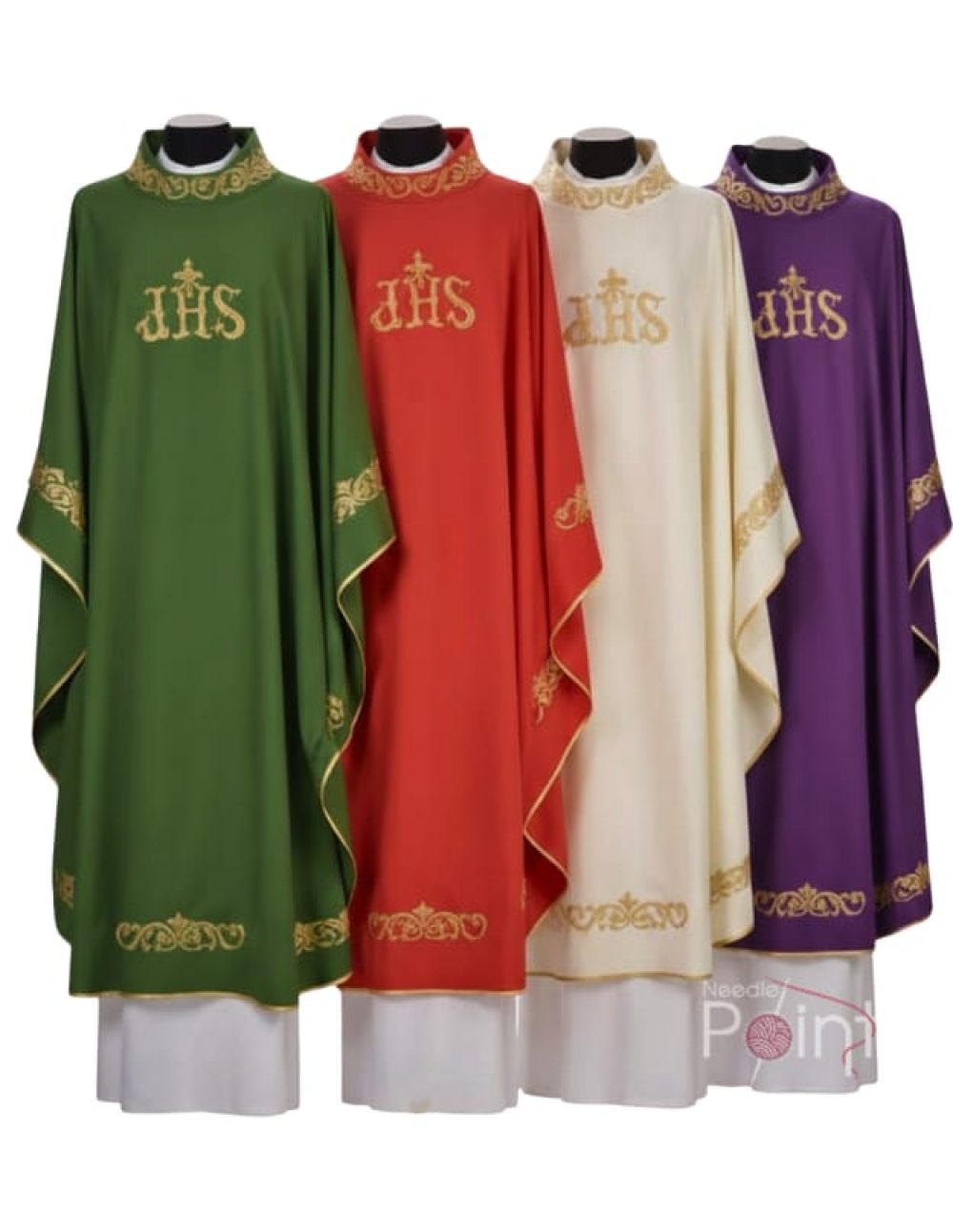 IHS embroidery chasuble with gold border in green red cream  and purple front view Needle Point India